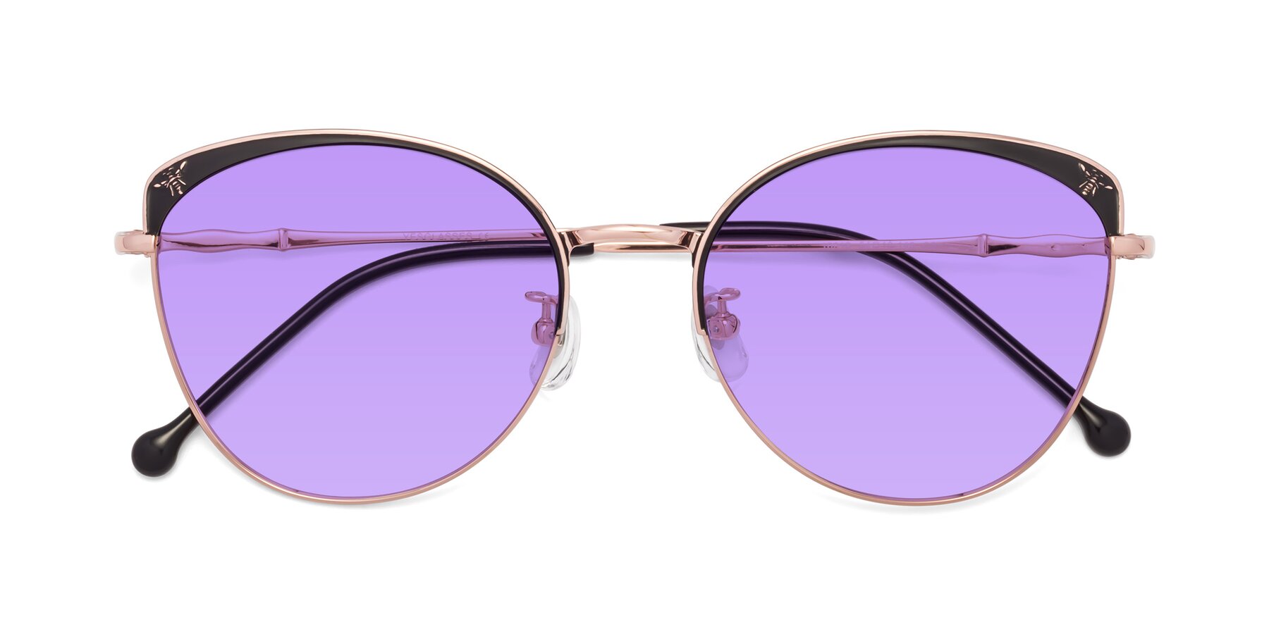Folded Front of 18019 in Black-Rose Gold with Medium Purple Tinted Lenses