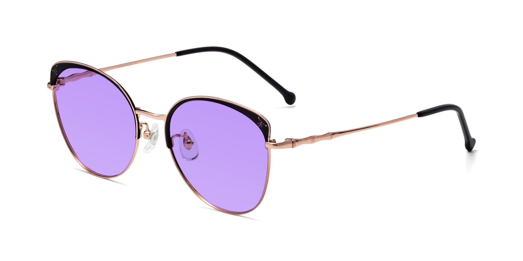 Angle of 18019 in Black-Rose Gold with Medium Purple Tinted Lenses