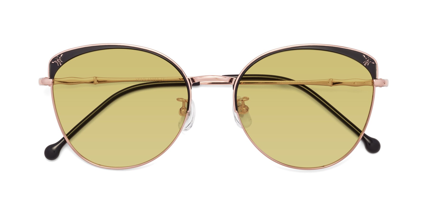 Folded Front of 18019 in Black-Rose Gold with Medium Champagne Tinted Lenses