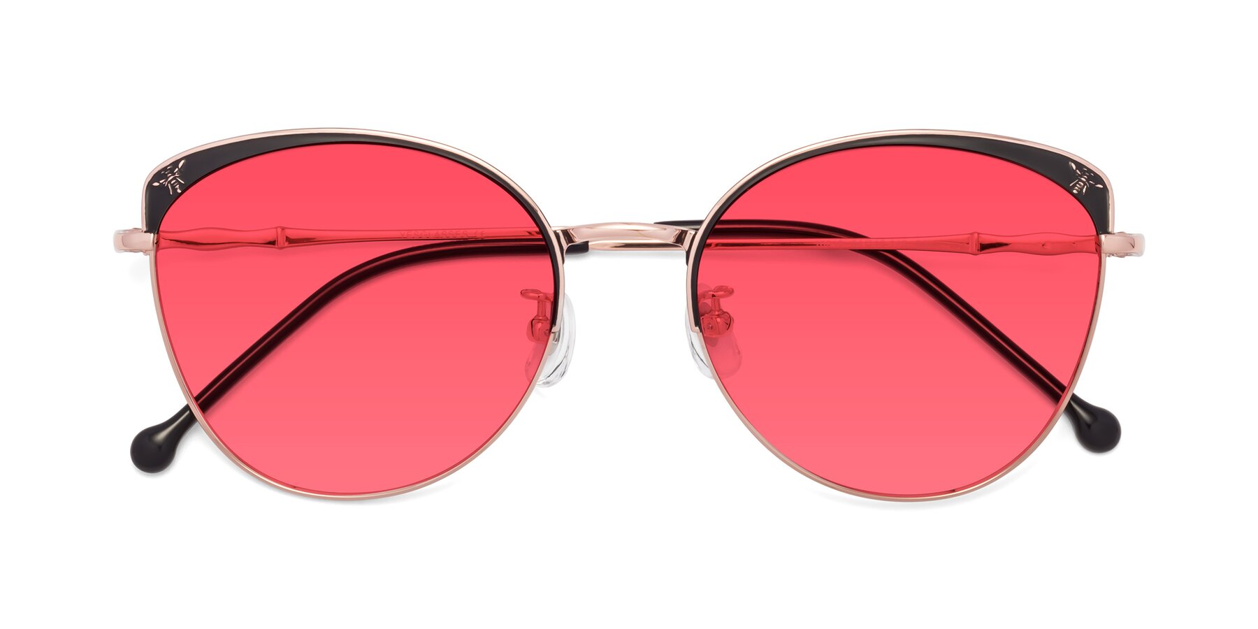 Folded Front of 18019 in Black-Rose Gold with Red Tinted Lenses