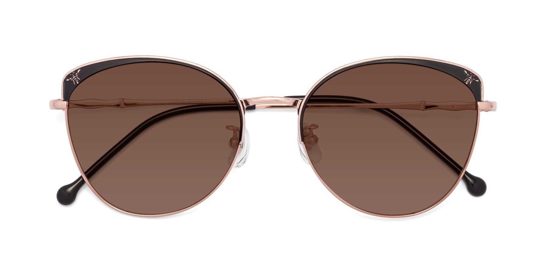 Folded Front of 18019 in Black-Rose Gold with Brown Tinted Lenses