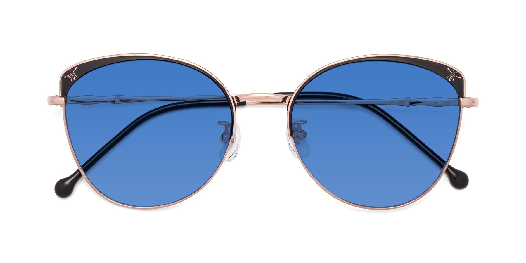 Folded Front of 18019 in Black-Rose Gold with Blue Tinted Lenses