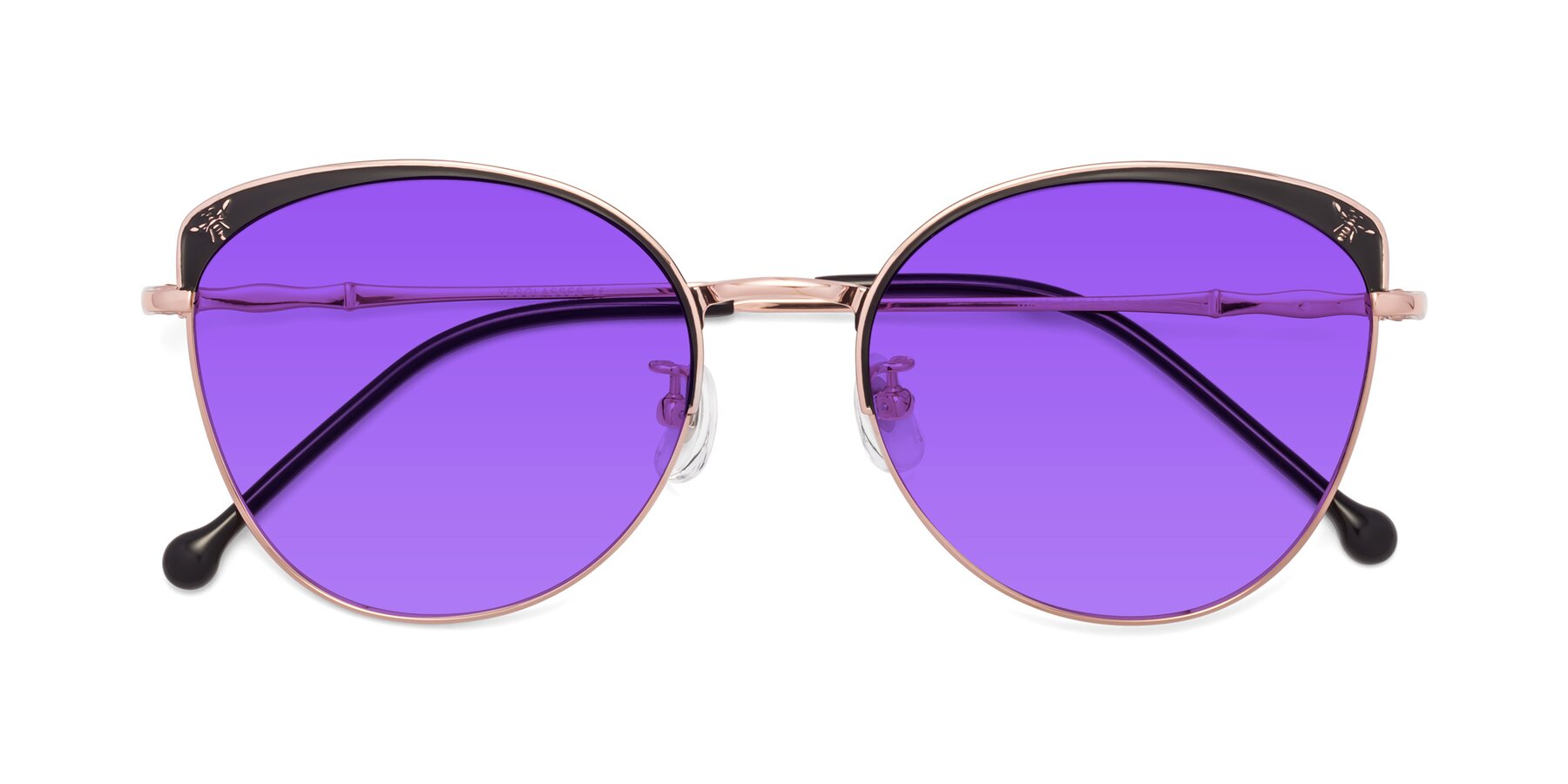 Folded Front of 18019 in Black-Rose Gold with Purple Tinted Lenses
