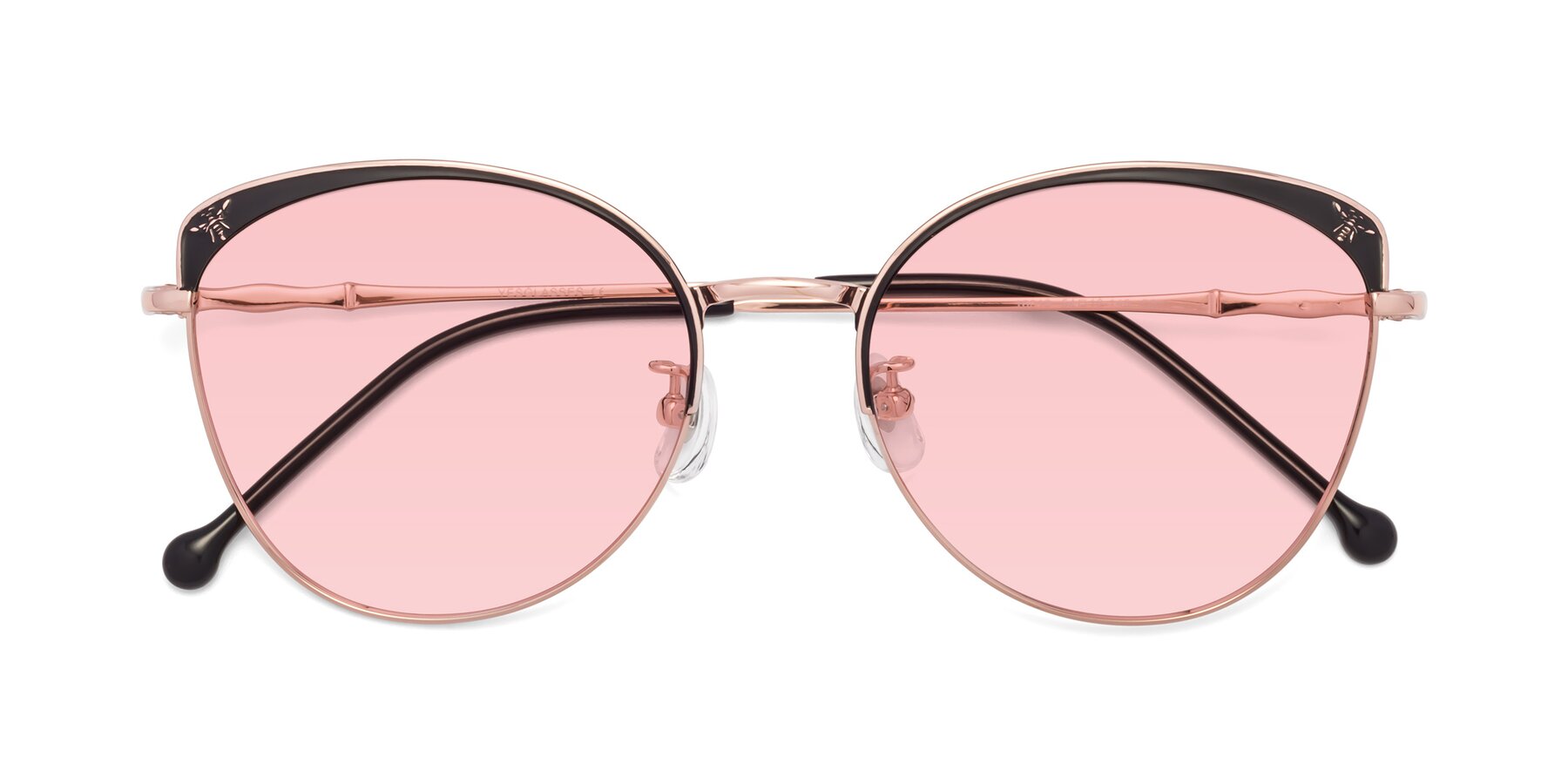 Folded Front of 18019 in Black-Rose Gold with Light Garnet Tinted Lenses