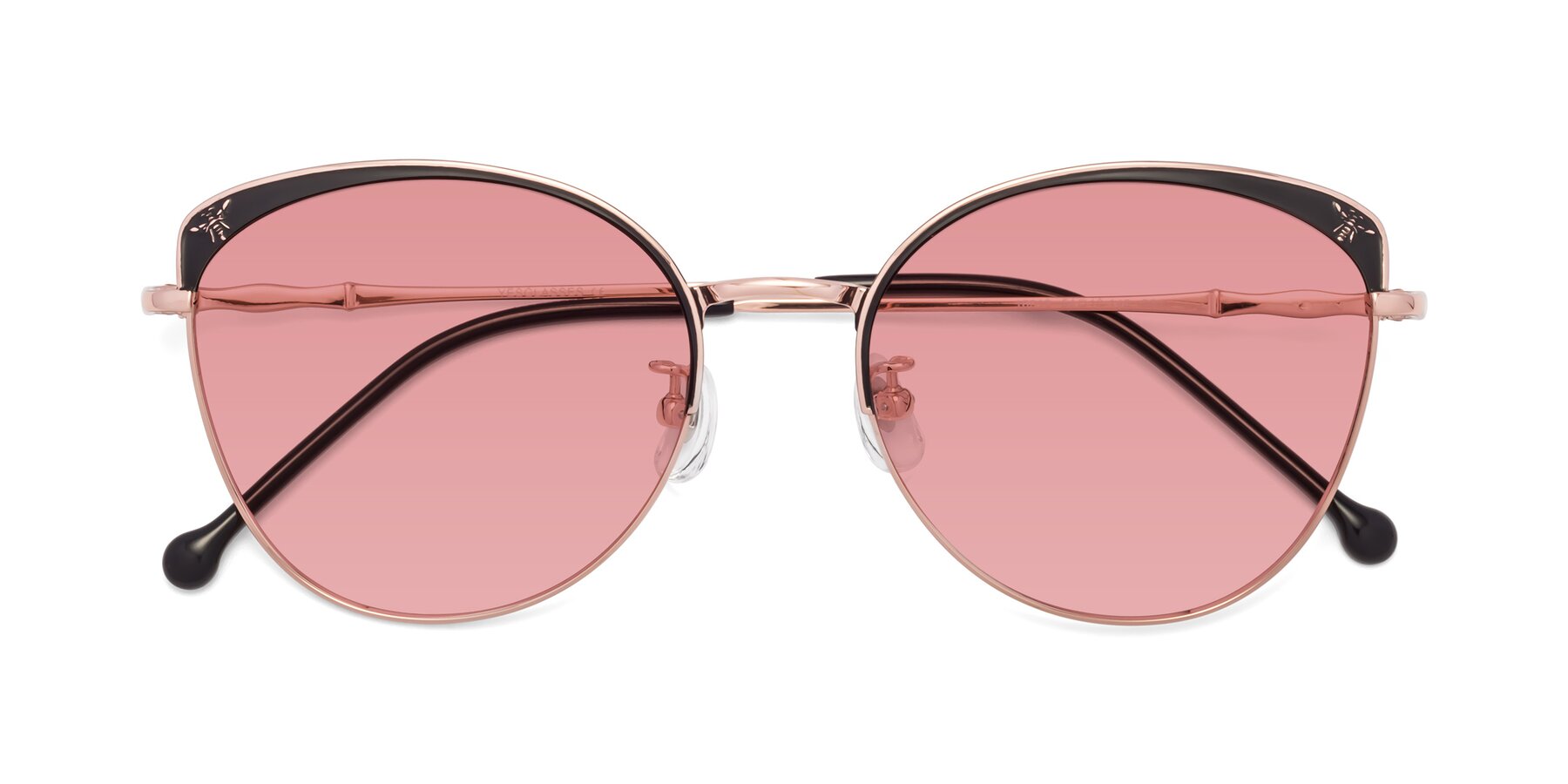 Folded Front of 18019 in Black-Rose Gold with Medium Garnet Tinted Lenses