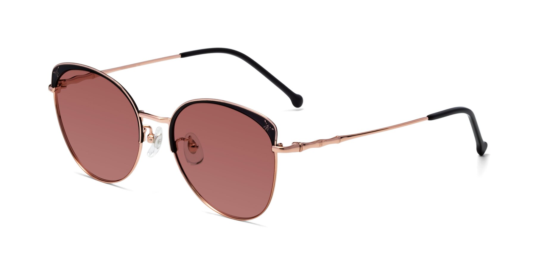 Angle of 18019 in Black-Rose Gold with Garnet Tinted Lenses