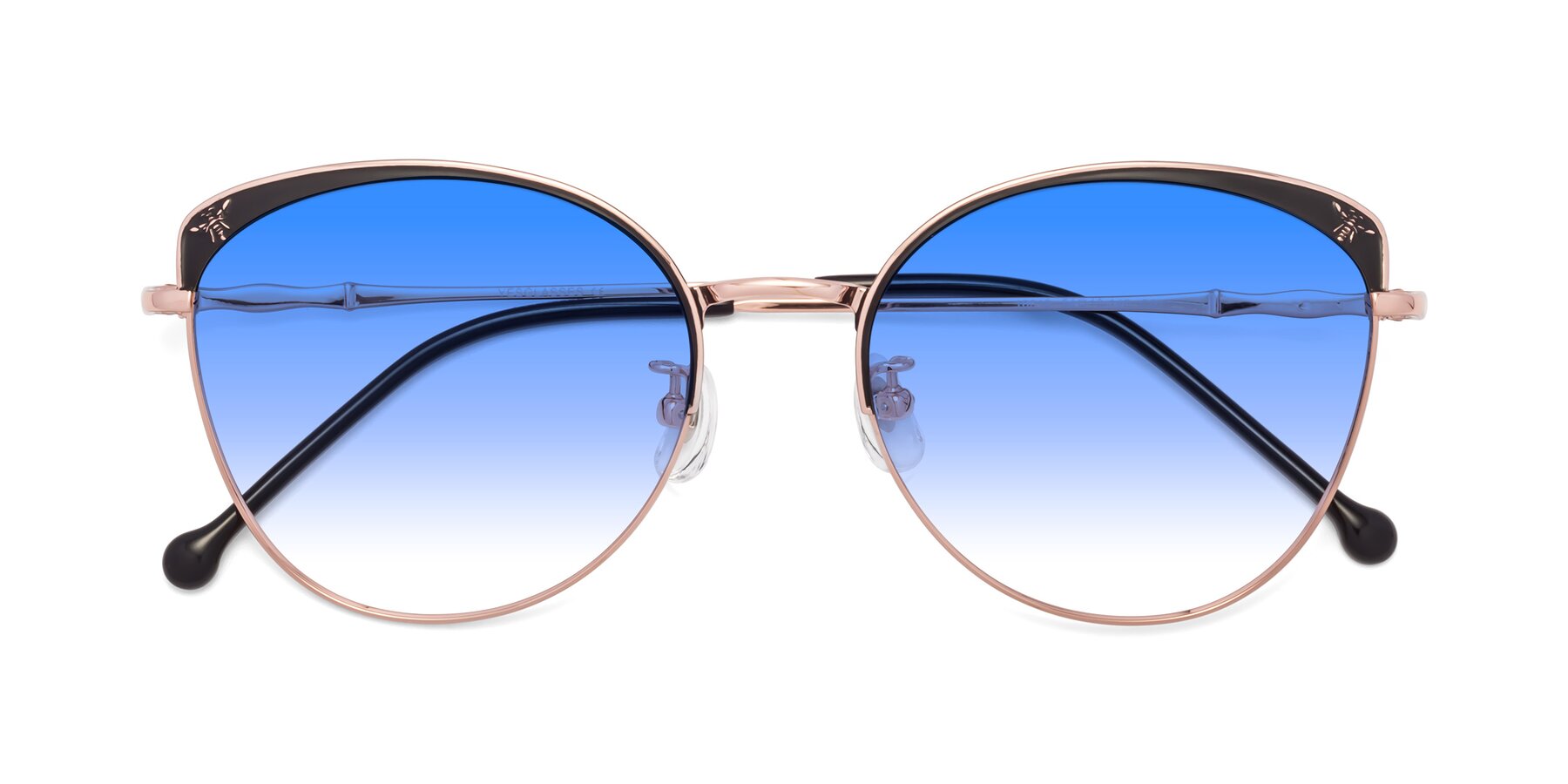 Folded Front of 18019 in Black-Rose Gold with Blue Gradient Lenses