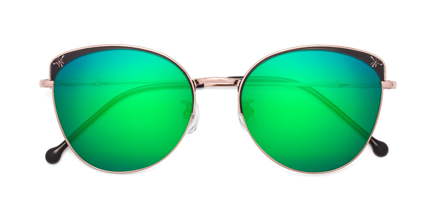 Folded Front of 18019 in Black-Rose Gold with Green Mirrored Lenses
