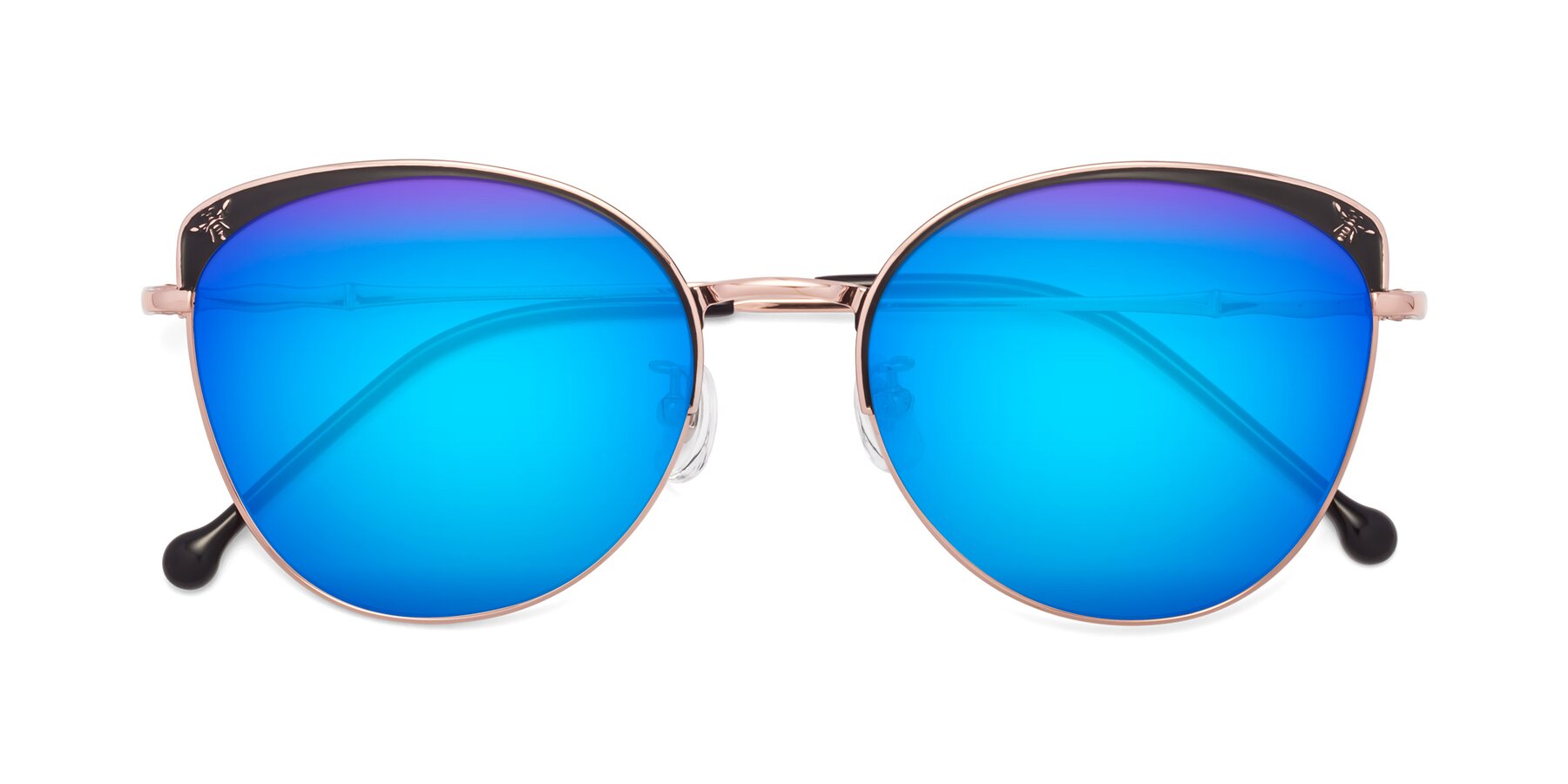 Folded Front of 18019 in Black-Rose Gold with Blue Mirrored Lenses
