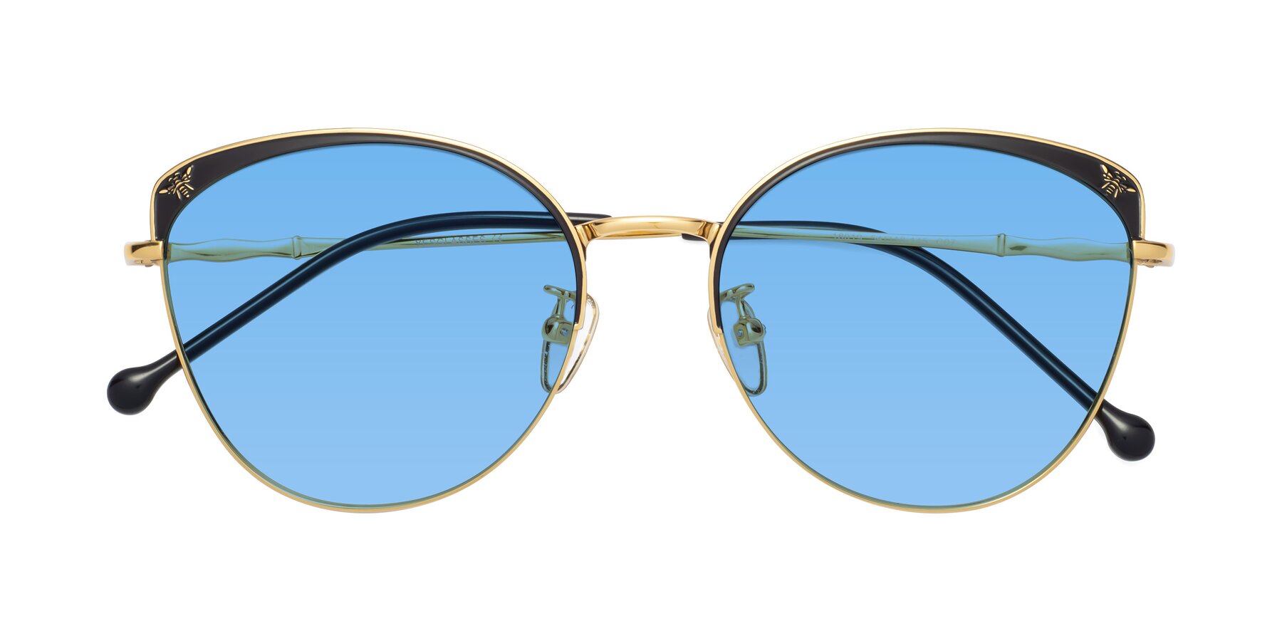 Folded Front of 18019 in Black-Gold with Medium Blue Tinted Lenses