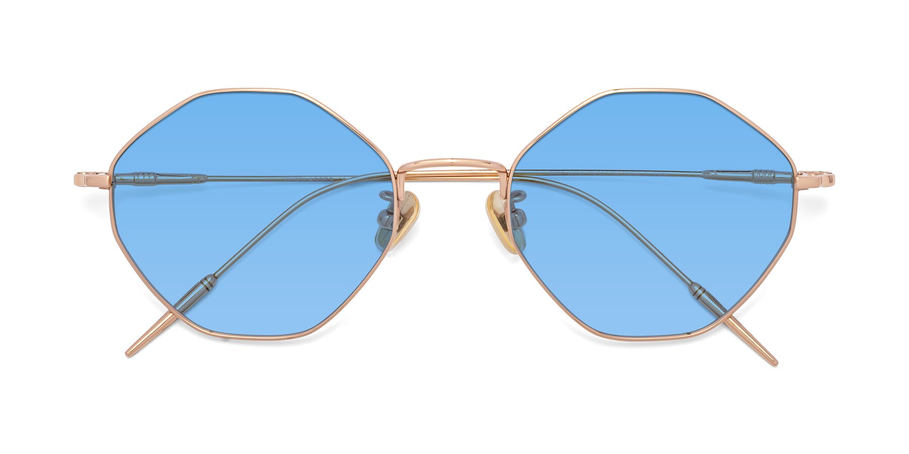 Folded Front of 90001 in Rose Gold with Medium Blue Tinted Lenses