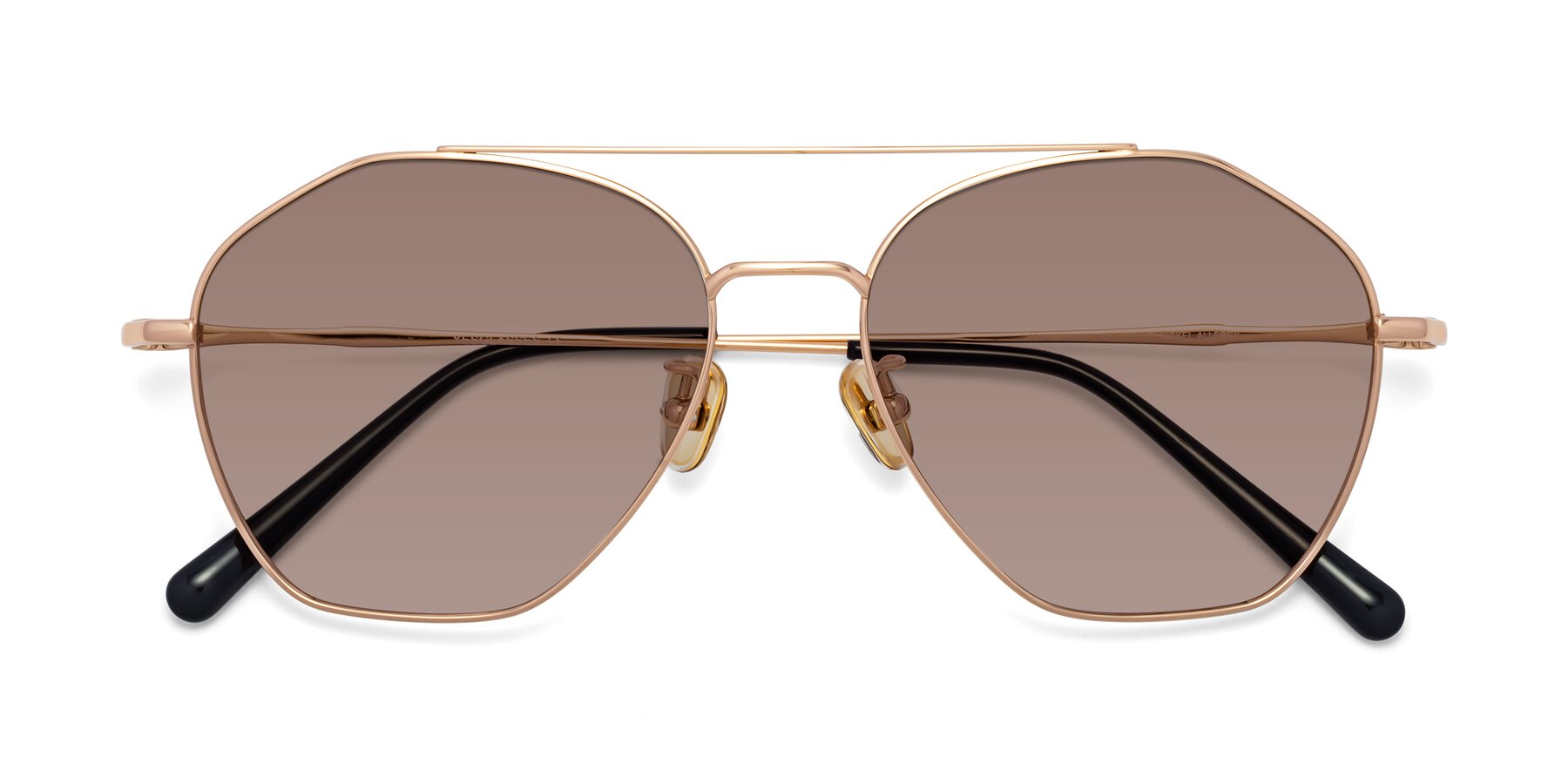 Folded Front of Linton in Rose Gold with Medium Brown Tinted Lenses