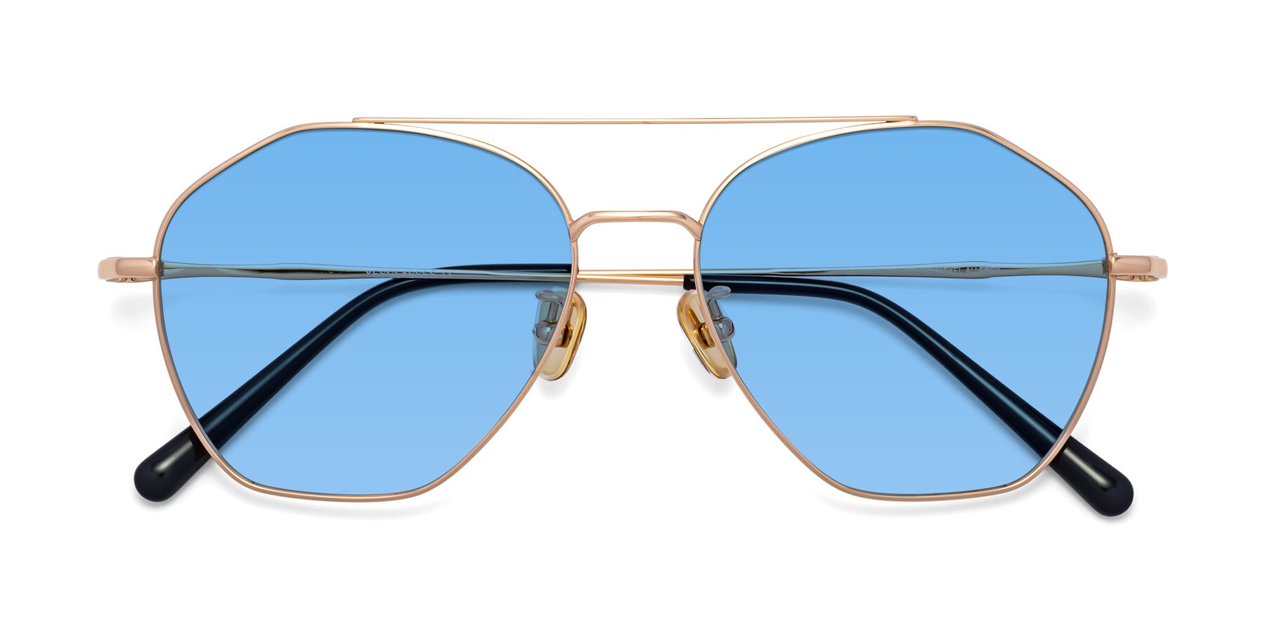 Folded Front of 90042 in Rose Gold with Medium Blue Tinted Lenses