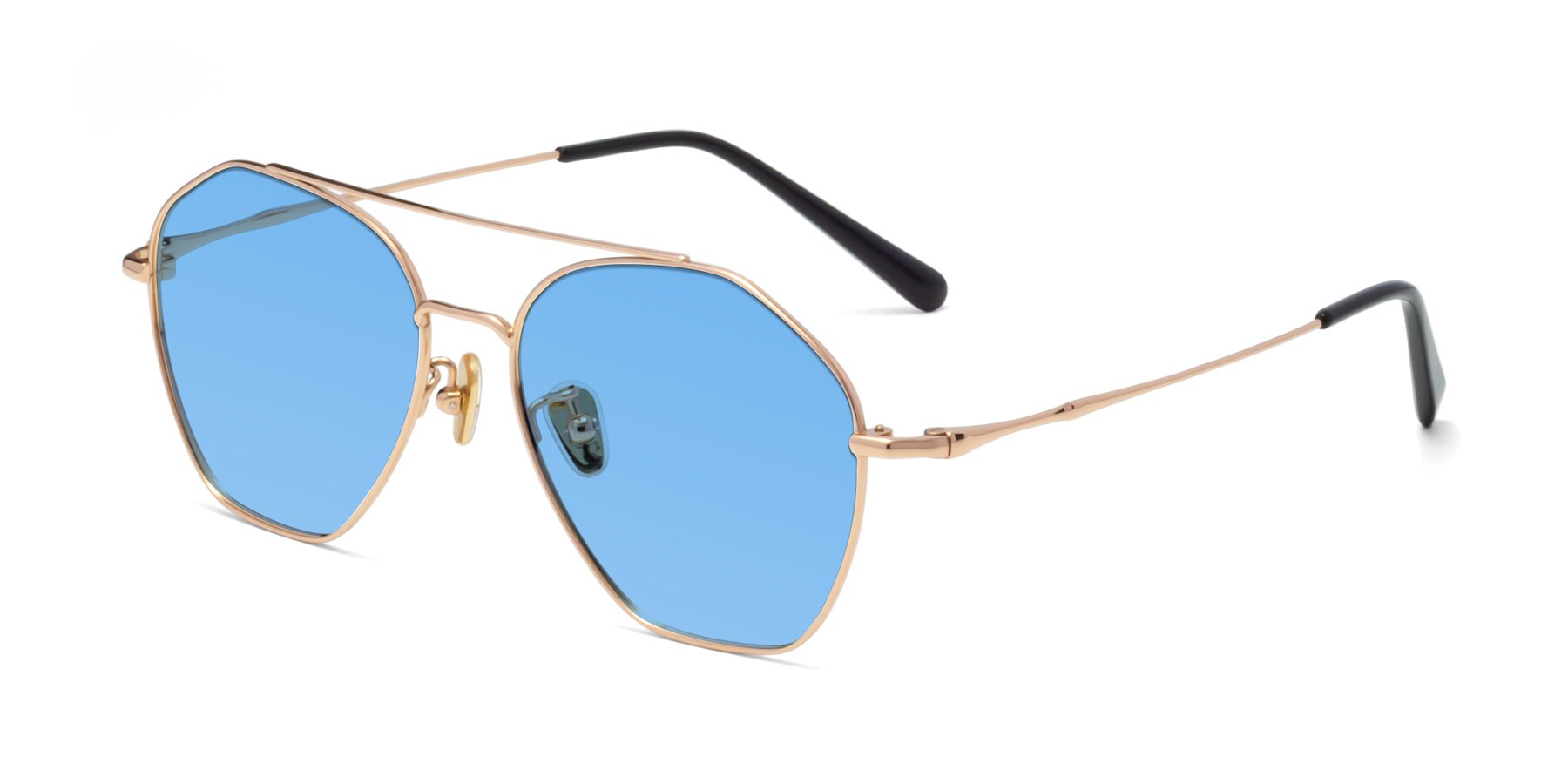 Angle of Linton in Rose Gold with Medium Blue Tinted Lenses