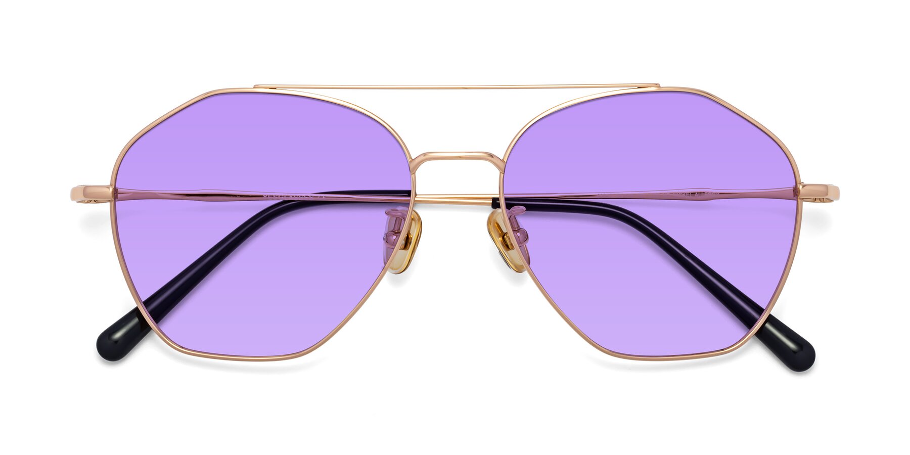 Folded Front of Linton in Rose Gold with Medium Purple Tinted Lenses