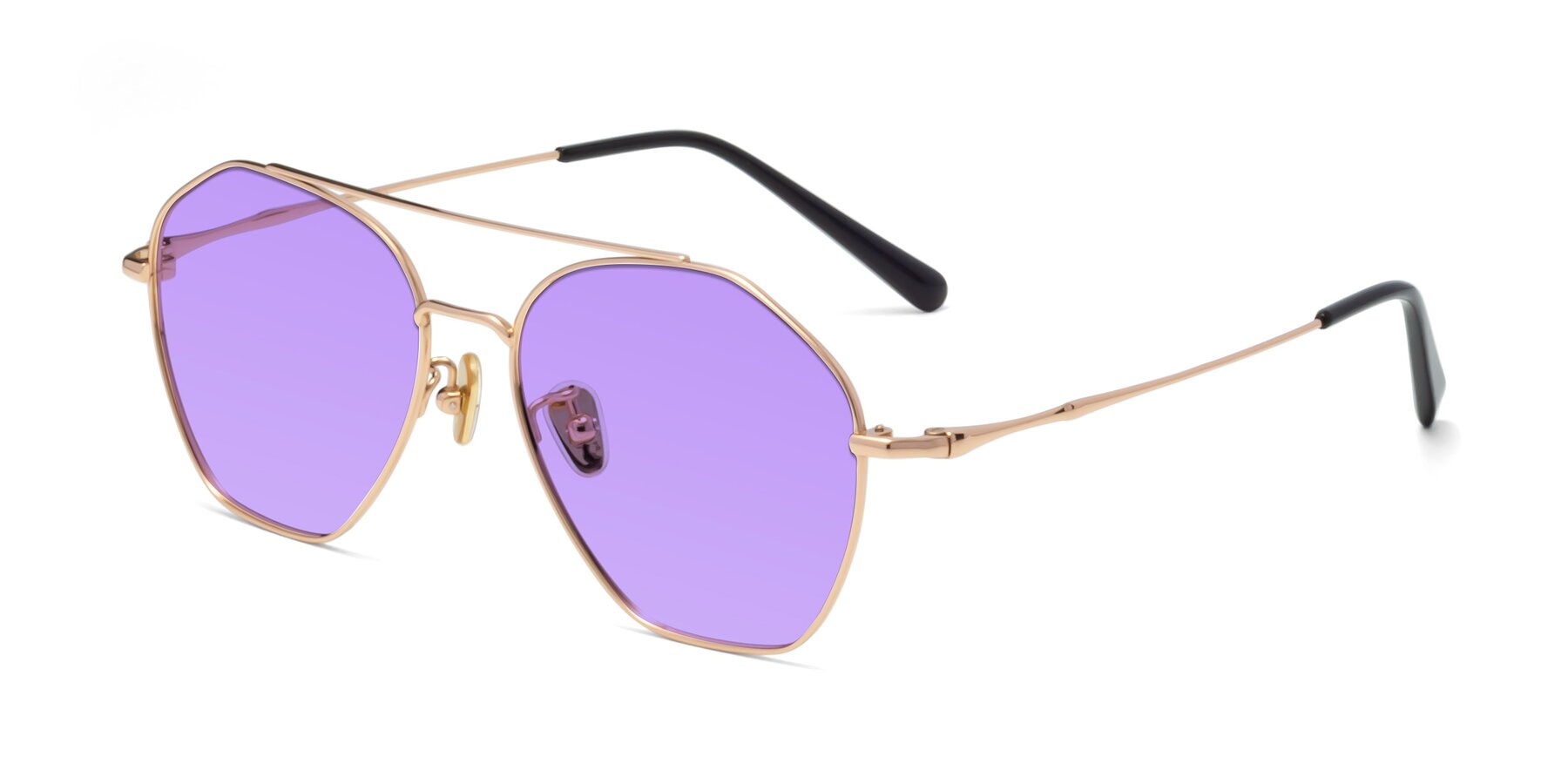 Angle of Linton in Rose Gold with Medium Purple Tinted Lenses