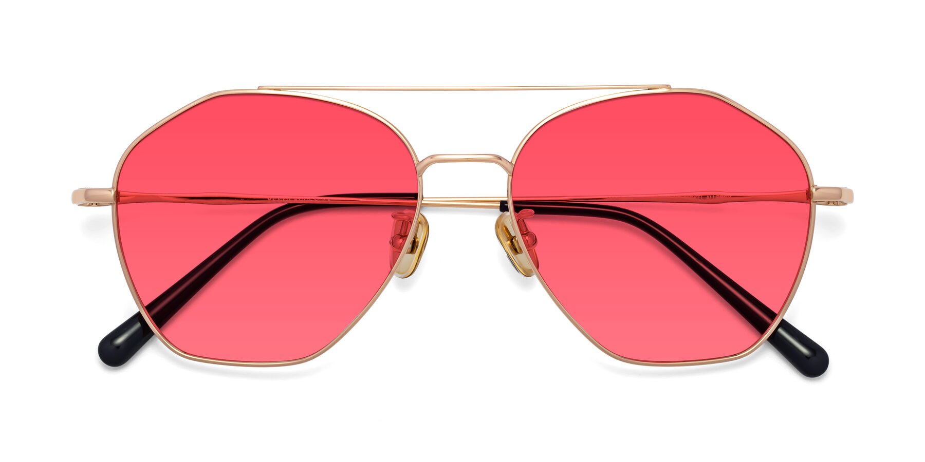 Folded Front of Linton in Rose Gold with Red Tinted Lenses