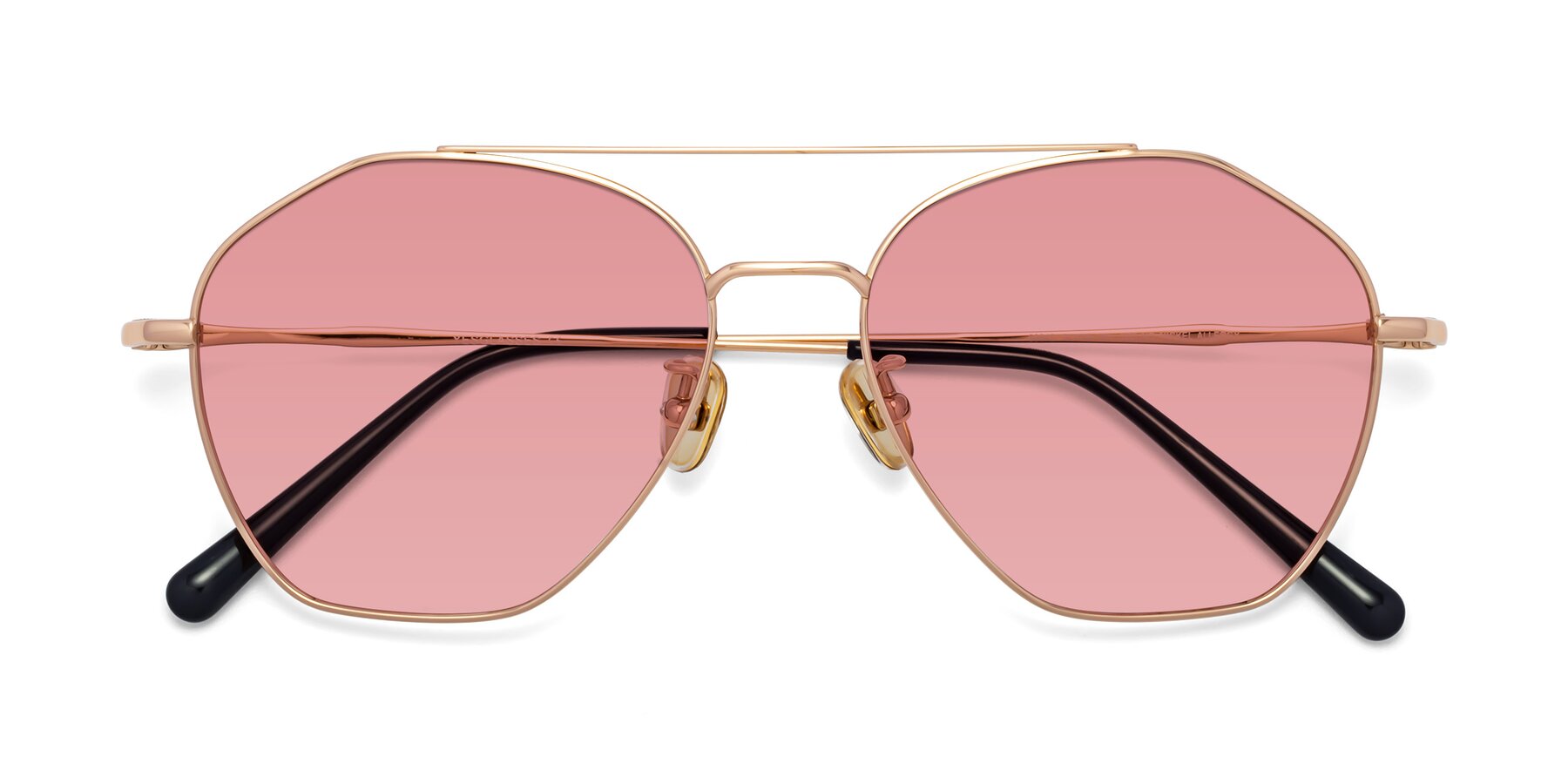 Folded Front of Linton in Rose Gold with Medium Garnet Tinted Lenses