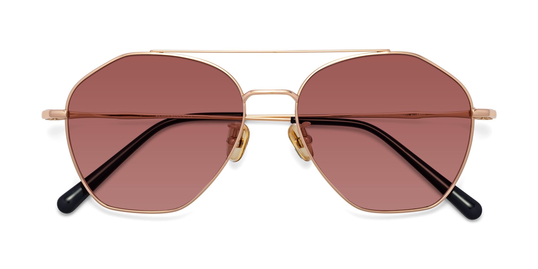 Folded Front of Linton in Rose Gold with Garnet Tinted Lenses