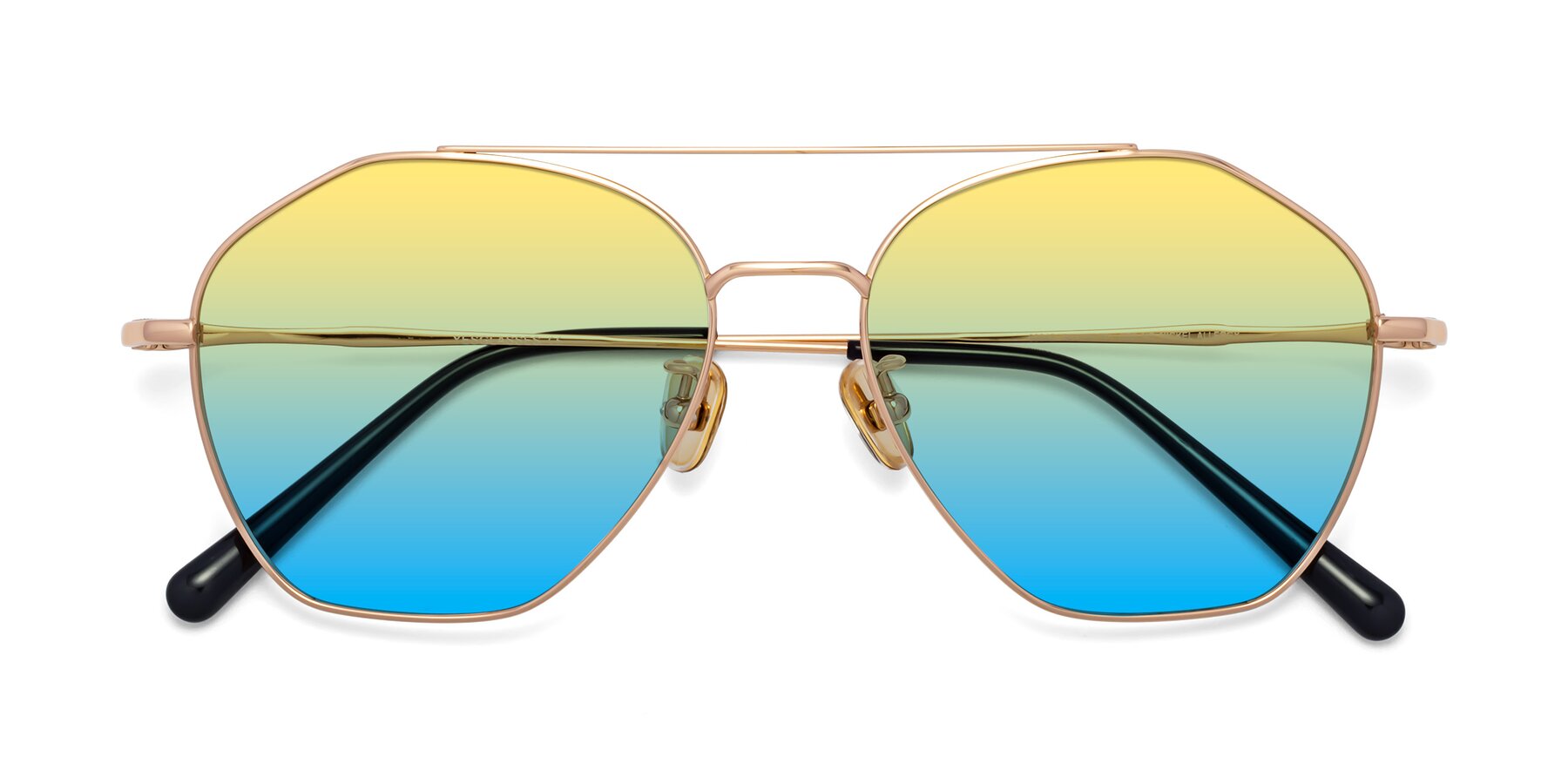 Folded Front of Linton in Rose Gold with Yellow / Blue Gradient Lenses