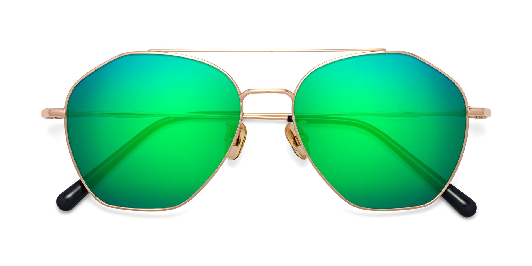 Folded Front of Linton in Rose Gold with Green Mirrored Lenses