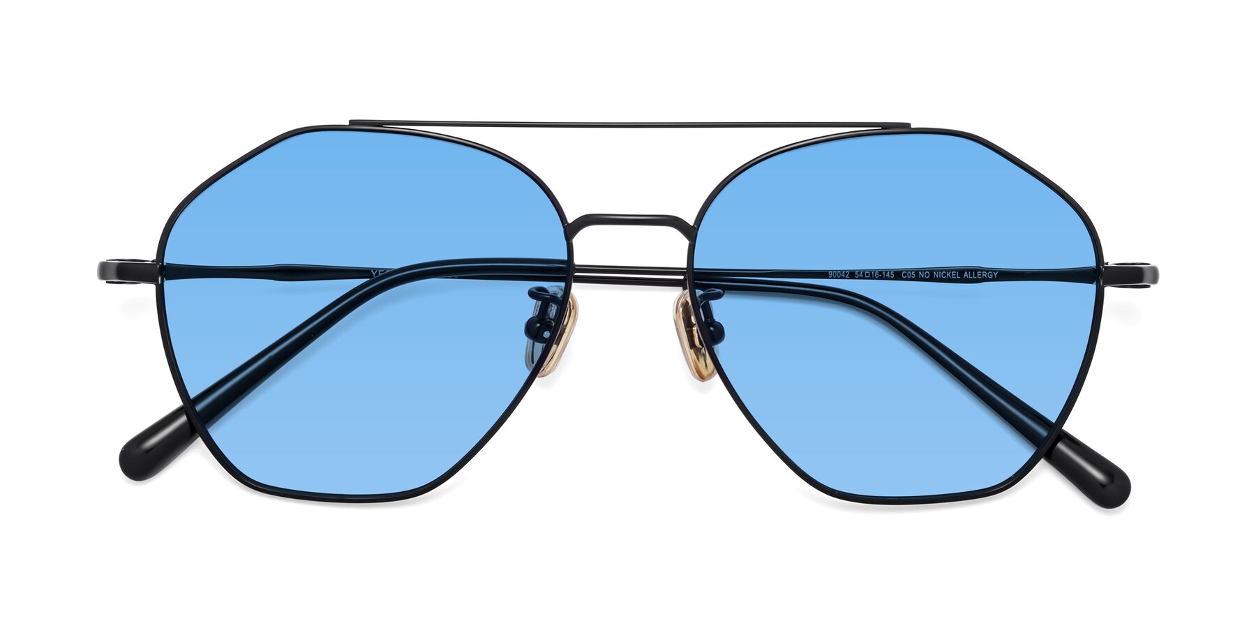 Folded Front of Linton in Black with Medium Blue Tinted Lenses