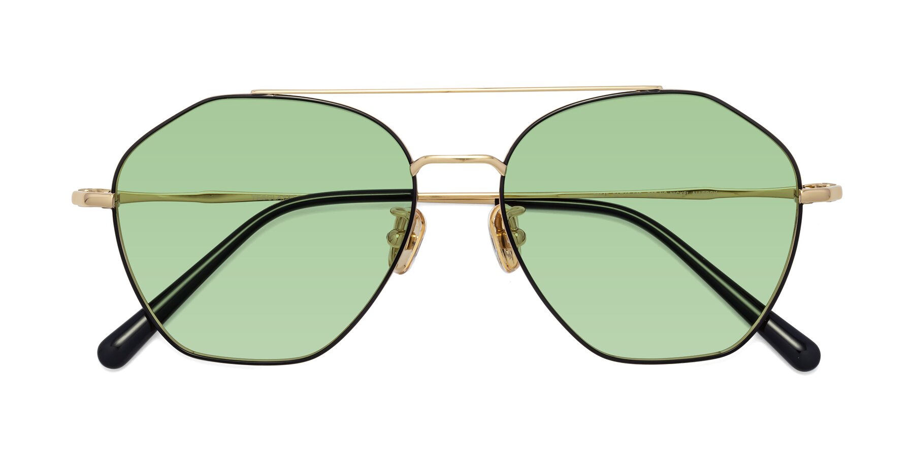 Folded Front of Linton in Black-Gold with Medium Green Tinted Lenses