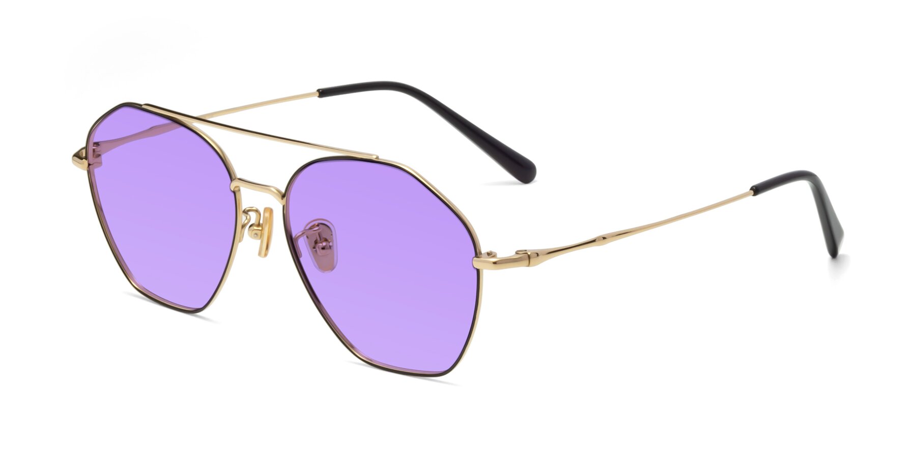 Angle of 90042 in Black-Gold with Medium Purple Tinted Lenses