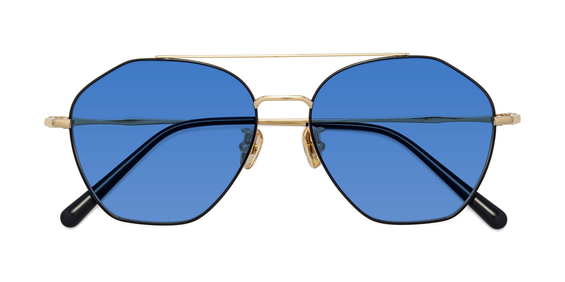 Folded Front of Linton in Black-Gold with Blue Tinted Lenses