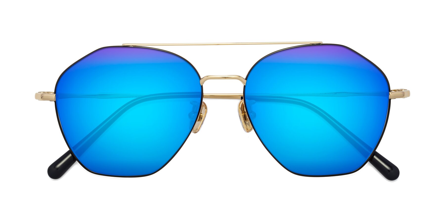 Folded Front of 90042 in Black-Gold with Blue Mirrored Lenses
