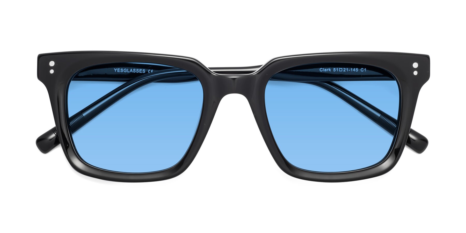 Folded Front of Clark in Black with Medium Blue Tinted Lenses