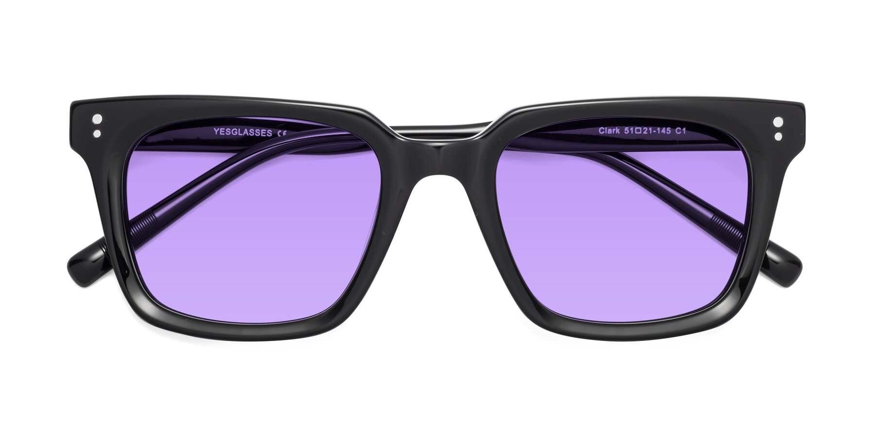 Folded Front of Clark in Black with Medium Purple Tinted Lenses