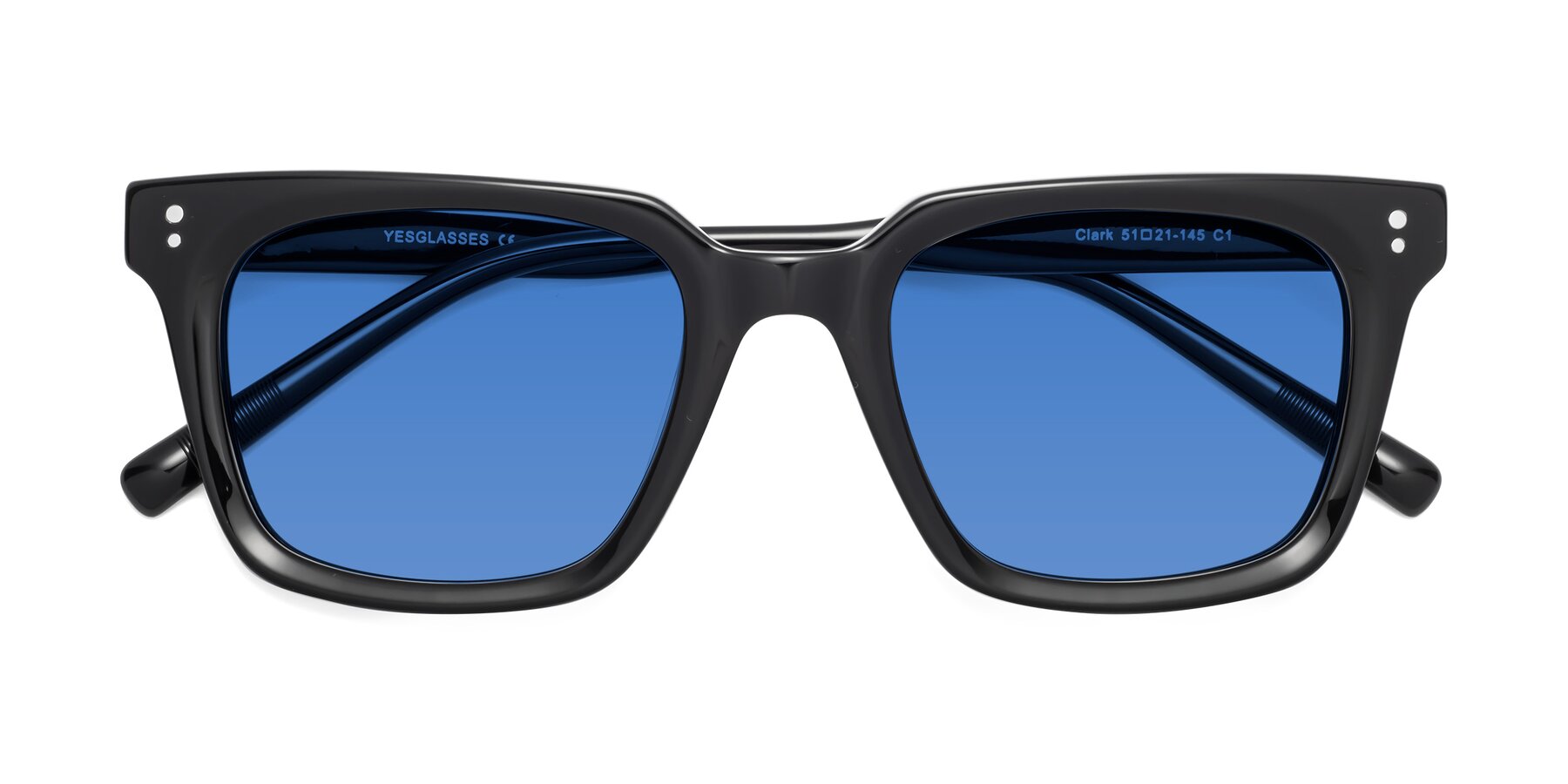 Folded Front of Clark in Black with Blue Tinted Lenses
