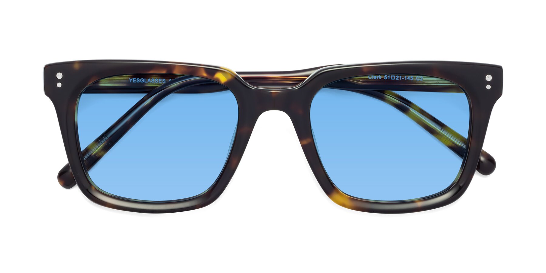 Folded Front of Clark in Tortoise with Medium Blue Tinted Lenses