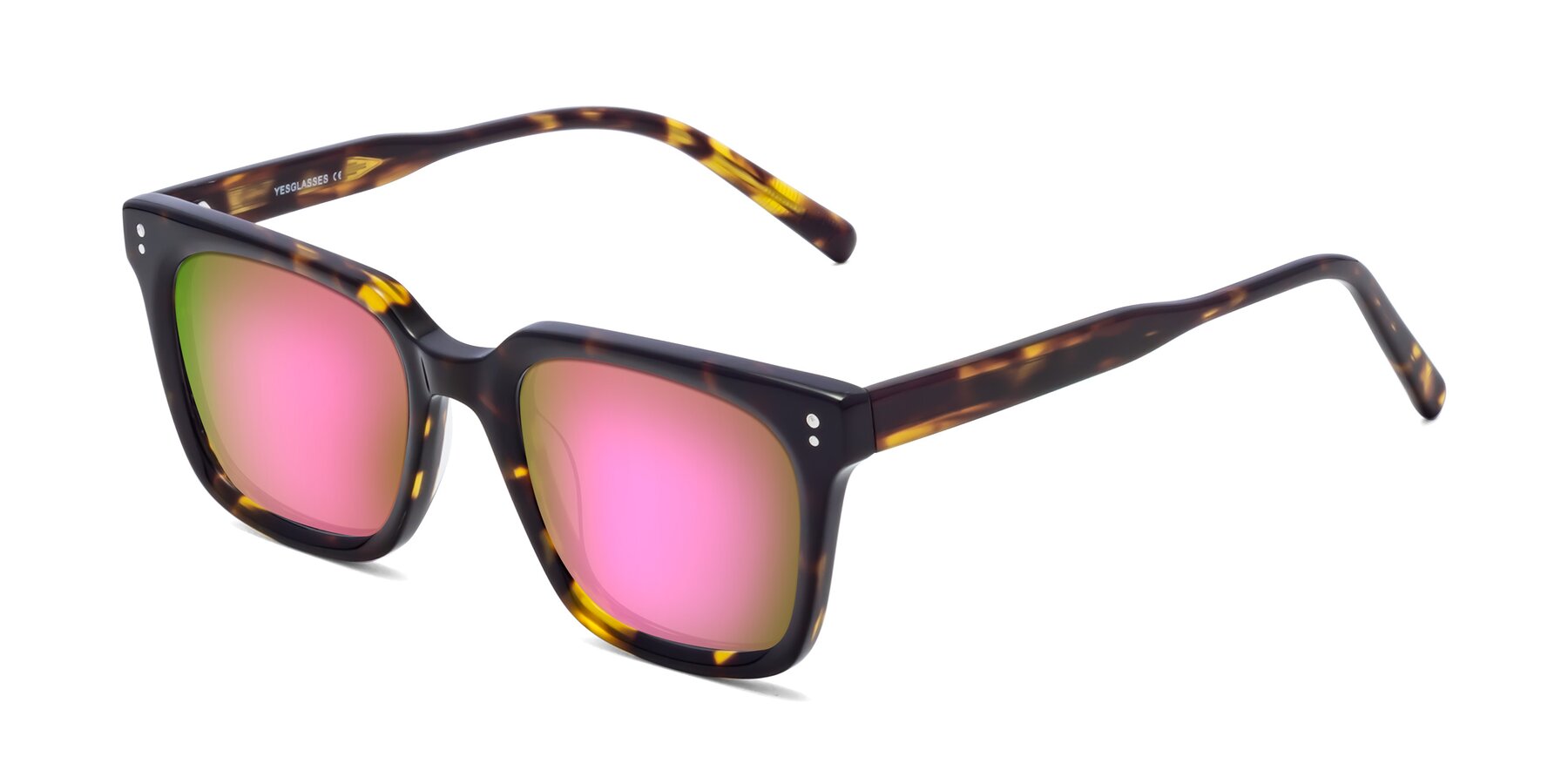 Angle of Clark in Tortoise with Pink Mirrored Lenses
