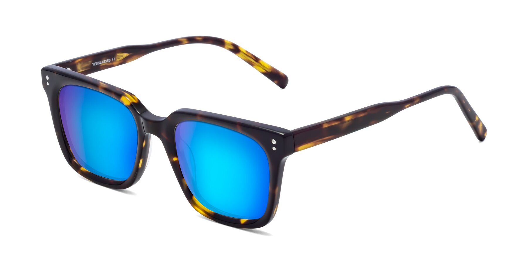 Angle of Clark in Tortoise with Blue Mirrored Lenses