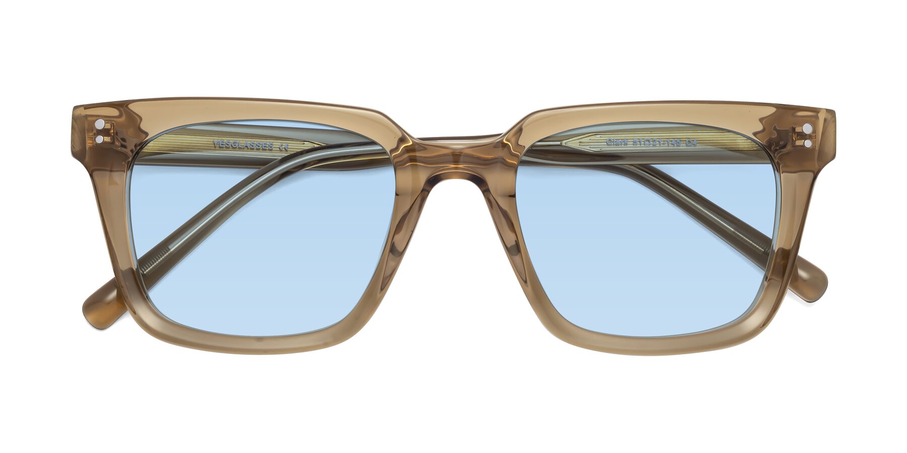 Folded Front of Clark in Tan with Light Blue Tinted Lenses