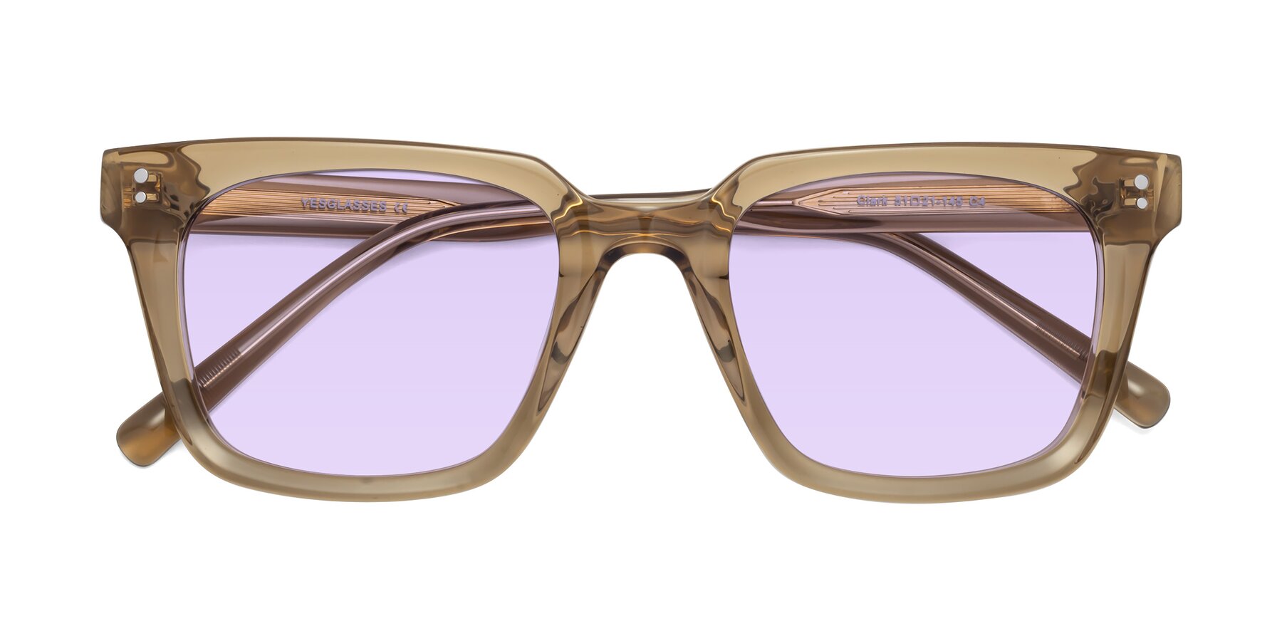 Folded Front of Clark in Tan with Light Purple Tinted Lenses