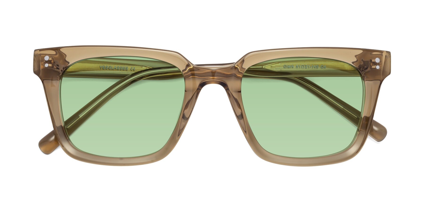 Folded Front of Clark in Tan with Medium Green Tinted Lenses