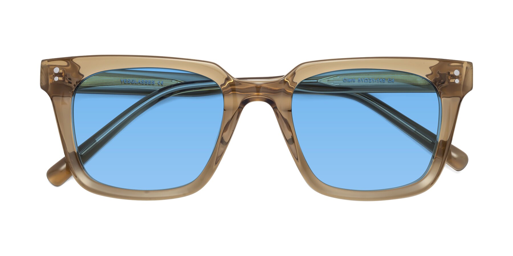 Folded Front of Clark in Tan with Medium Blue Tinted Lenses
