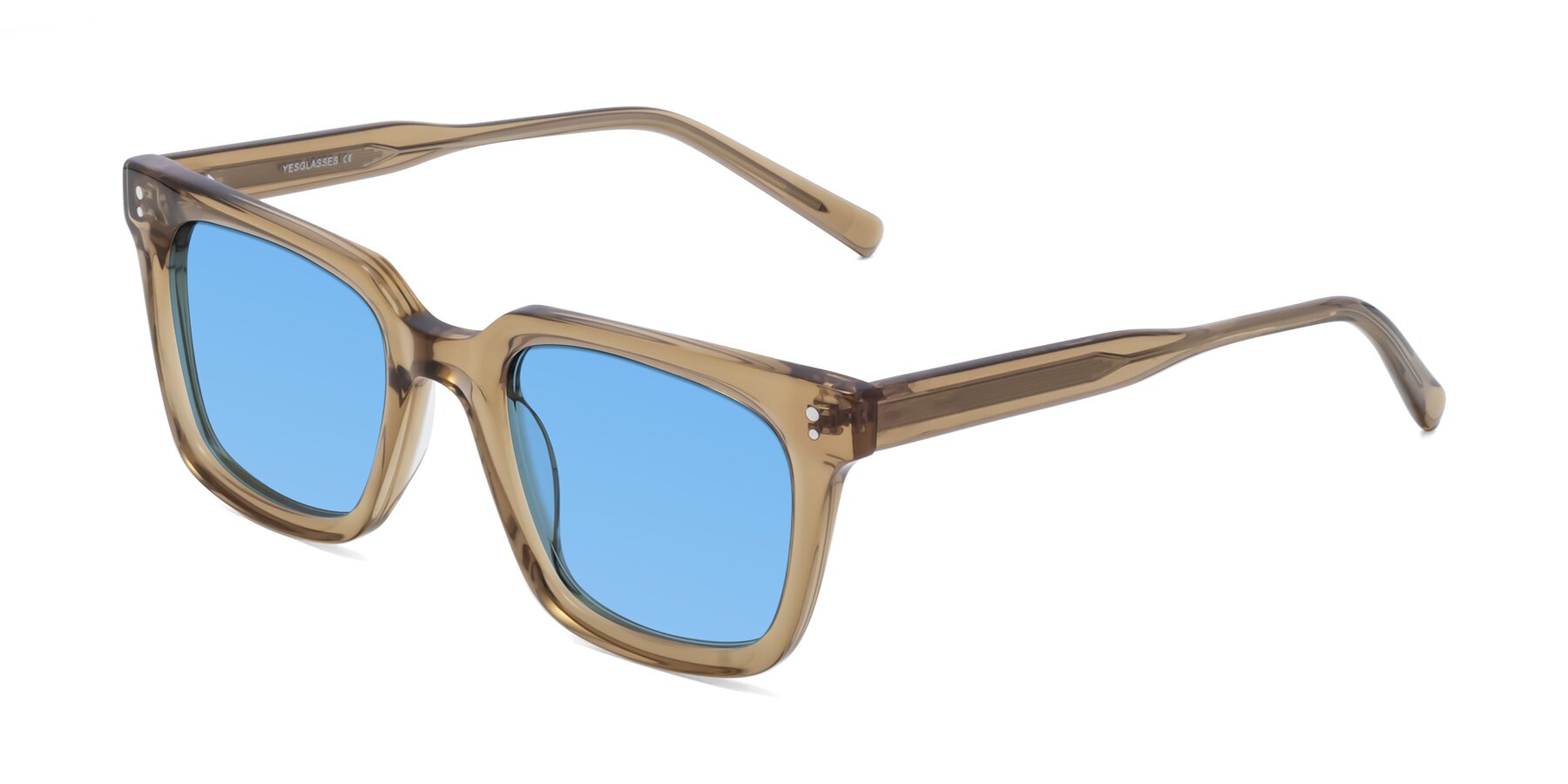 Angle of Clark in Tan with Medium Blue Tinted Lenses
