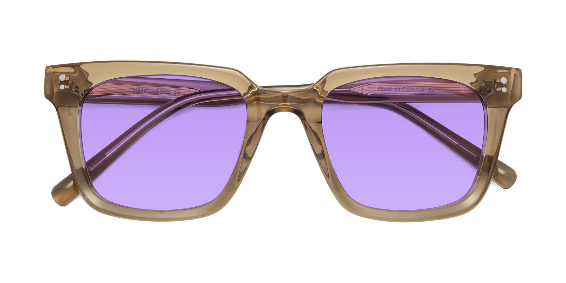 Folded Front of Clark in Tan with Medium Purple Tinted Lenses
