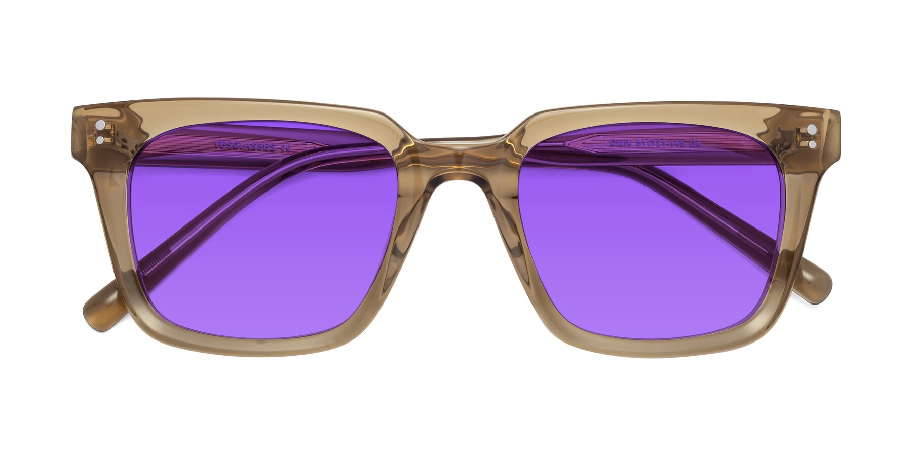 Folded Front of Clark in Tan with Purple Tinted Lenses