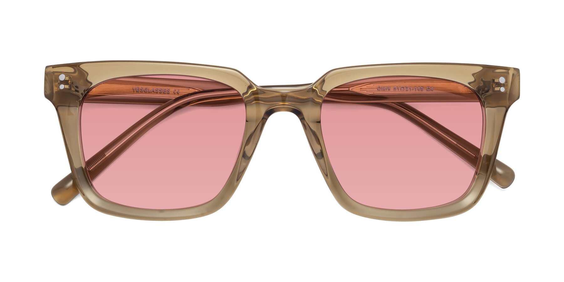 Folded Front of Clark in Tan with Medium Garnet Tinted Lenses