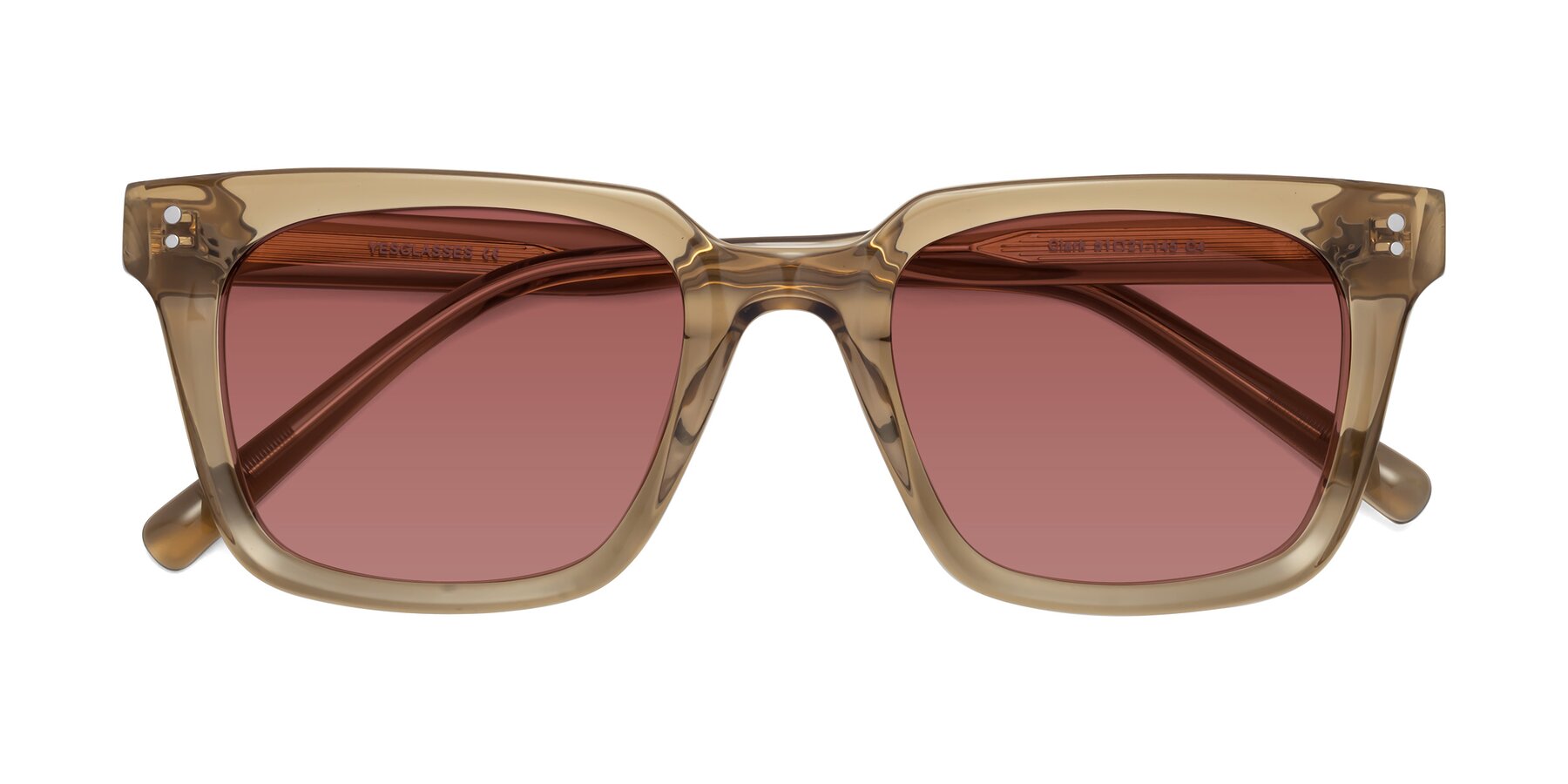 Folded Front of Clark in Tan with Garnet Tinted Lenses