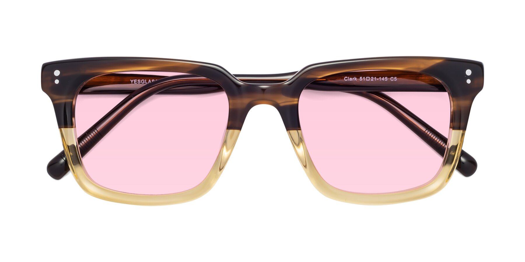 Folded Front of Clark in Brown-Oak with Light Pink Tinted Lenses
