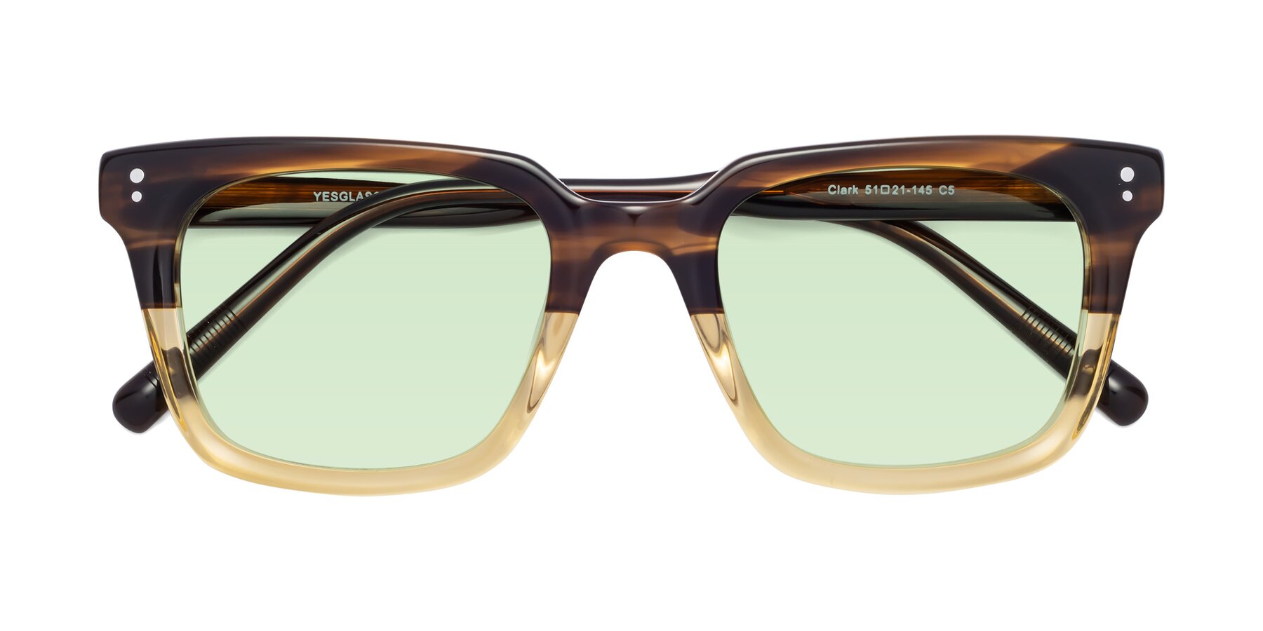 Folded Front of Clark in Brown-Oak with Light Green Tinted Lenses