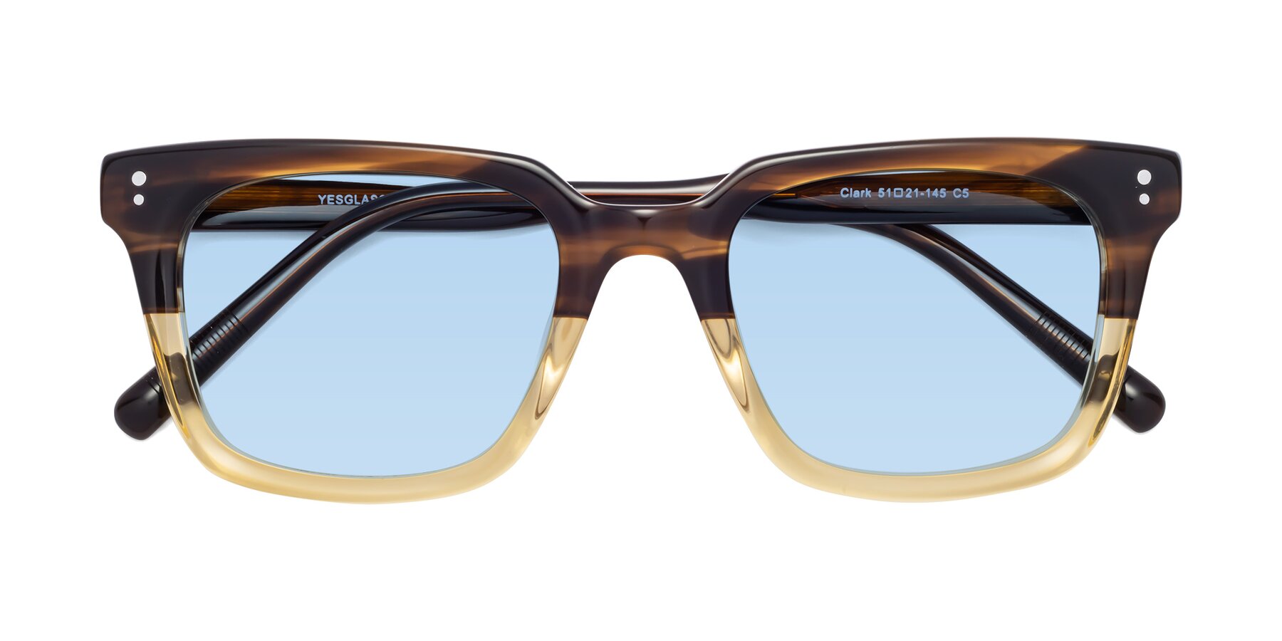 Folded Front of Clark in Brown-Oak with Light Blue Tinted Lenses