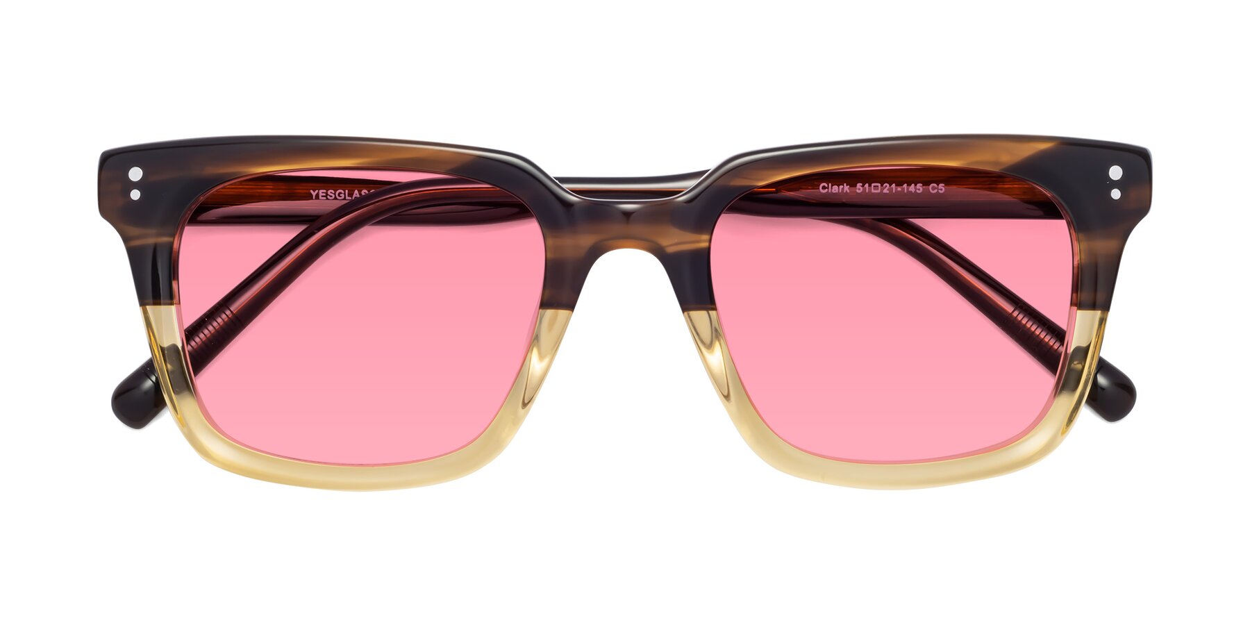 Folded Front of Clark in Brown-Oak with Pink Tinted Lenses