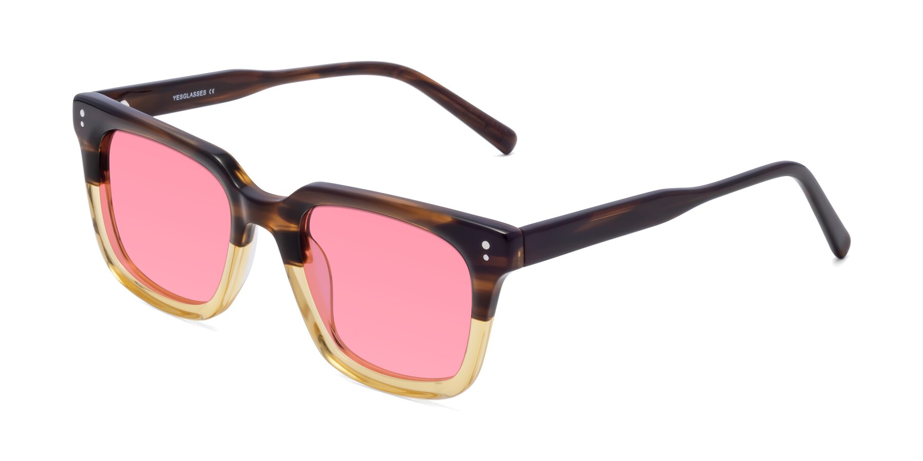 Angle of Clark in Brown-Oak with Pink Tinted Lenses